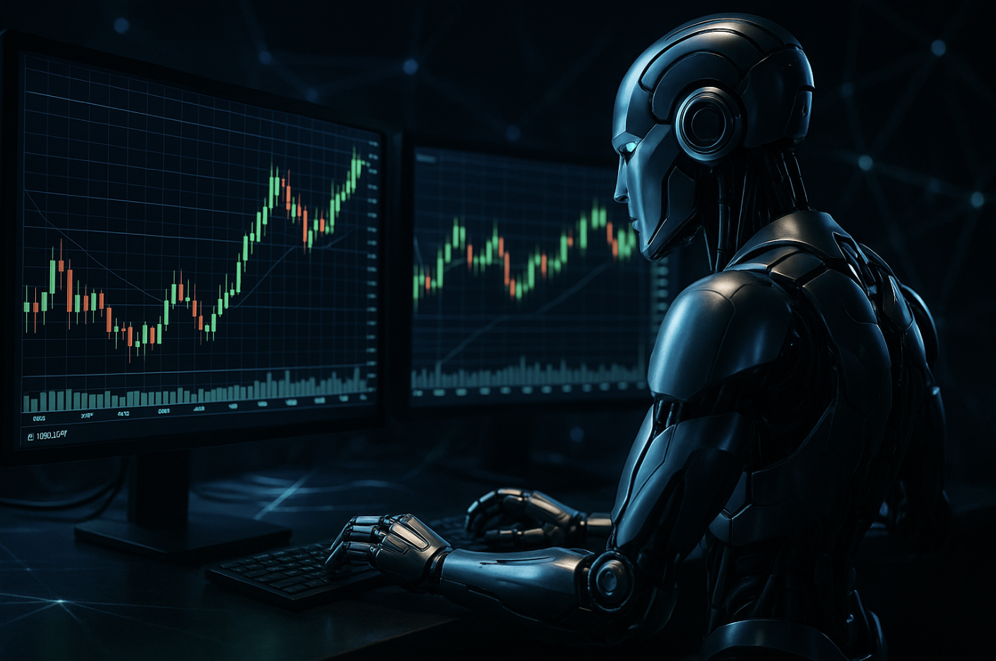 AIトレーディングロボットとチャートの実写画像